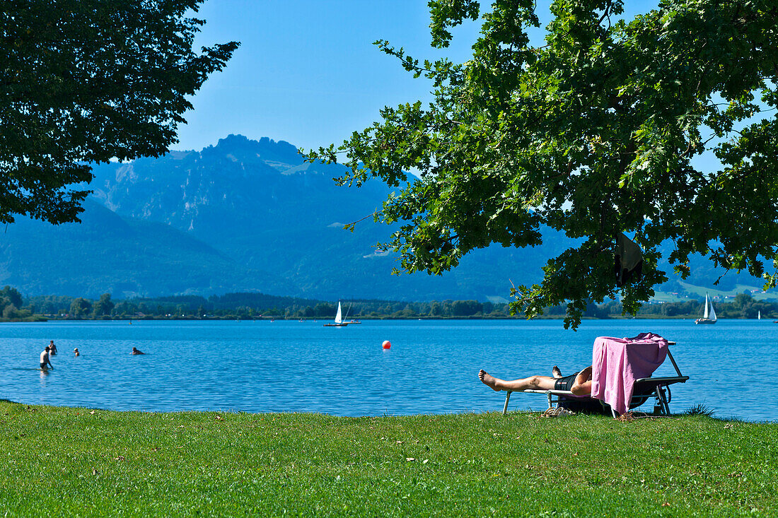 Lido at lake Chiemsee, Uebersee, Chiemgau, Upper Bavaria, Germany