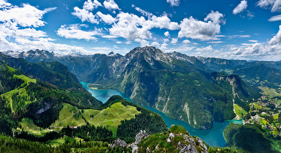 View from mount Jenner to Watzmann and Lake Koenigssee, Berchtesgadener Land, Upper Bavaria, Germany