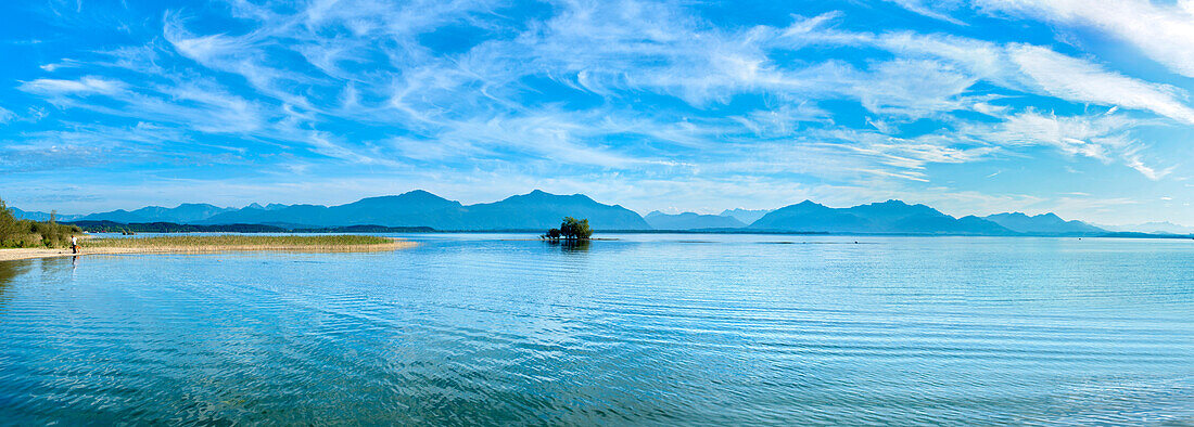 View over lake Chiemsee, Schuetzing, Chieming, Chiemgau, Upper Bavaria, Germany