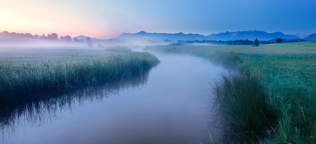 River Ach in early morning fog, Uffing, lake Staffelsee, Upper Bavaria, Germany