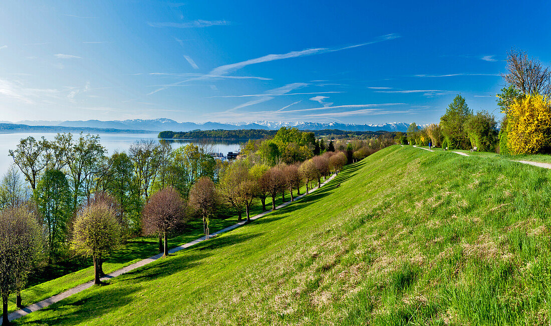 View from Johannishuegel over Kustermannpark, Tutzing, Lake Starnberg, Upper Bavaria, Germany