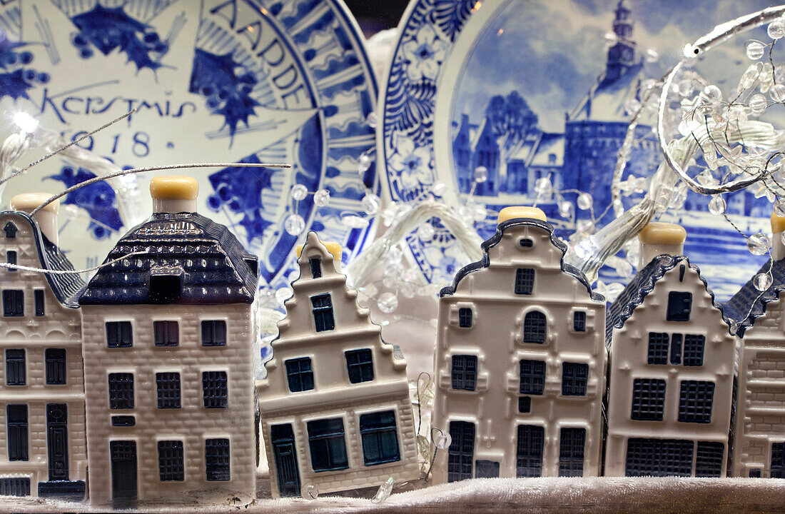 Delft porcelain on display in a shop window, Amsterdam, Netherlands