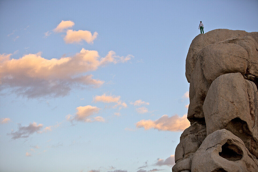 Climber standing on a rock in the Joshua Tree National Park, Joshua Tree National Park, California, USA