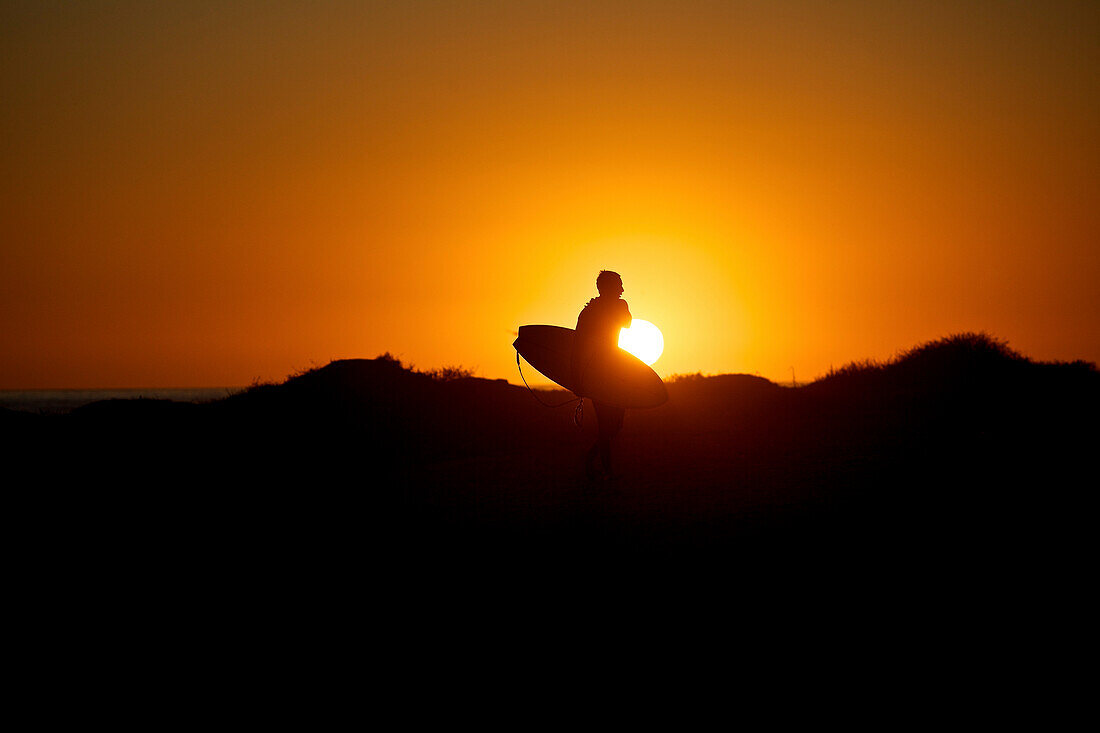 Surfer walking along the beach during sunset, Los Angeles, California, USA