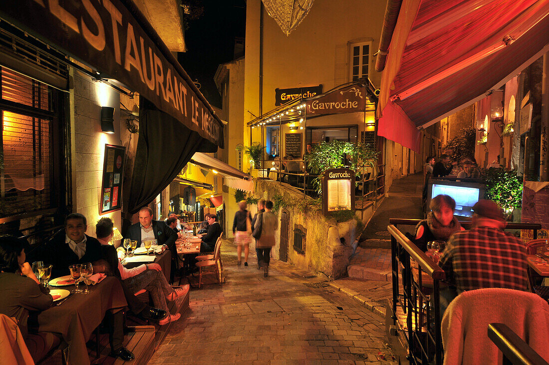 Restaurants at rue St. Antoine at teh old town in the evening, Cannes, Cote d'Azur, South France, Europe