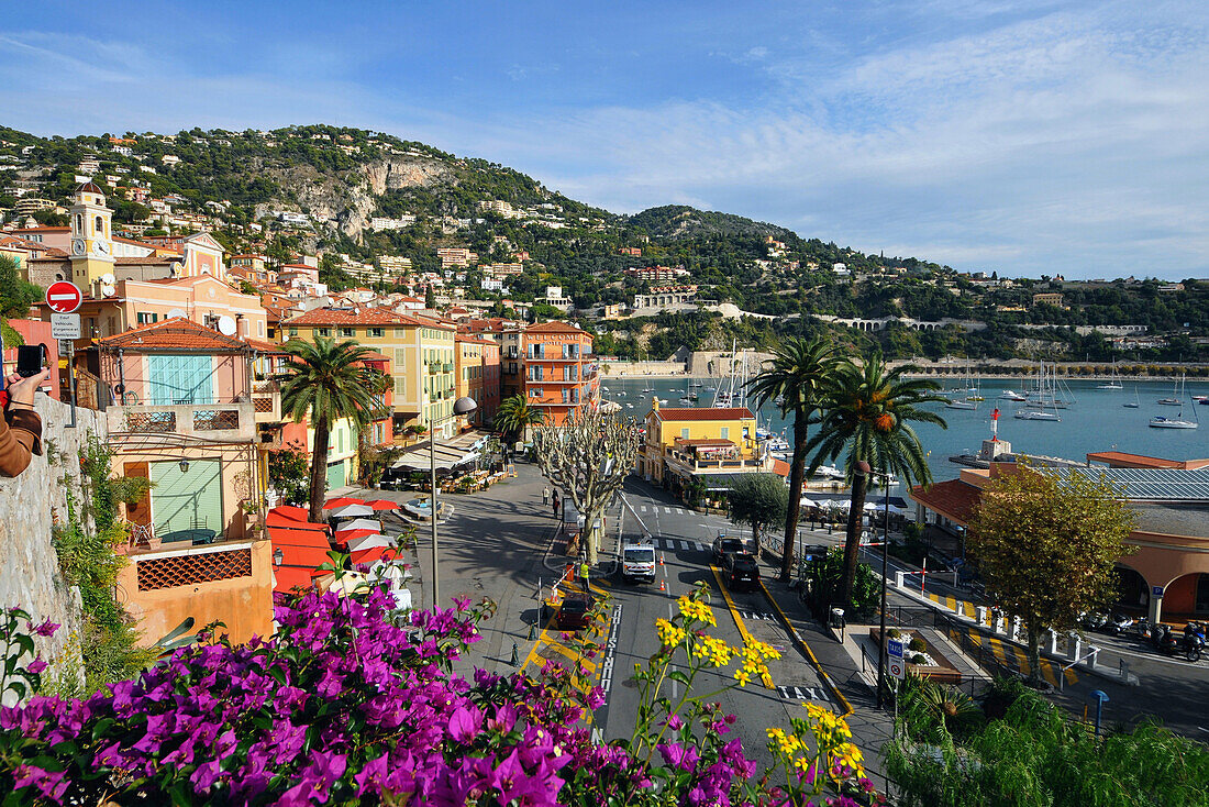 View of seaport in the sunlight, Villefranche-sur-Mer, Cote d'Azur, South France, Europe