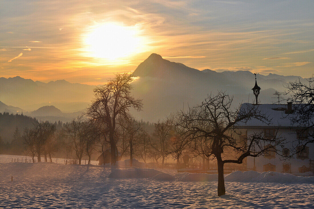 View of Mount Zahmer Kaiser in the evening light, Kaiserwinkl, Winter in Tyrol, Austria, Europe