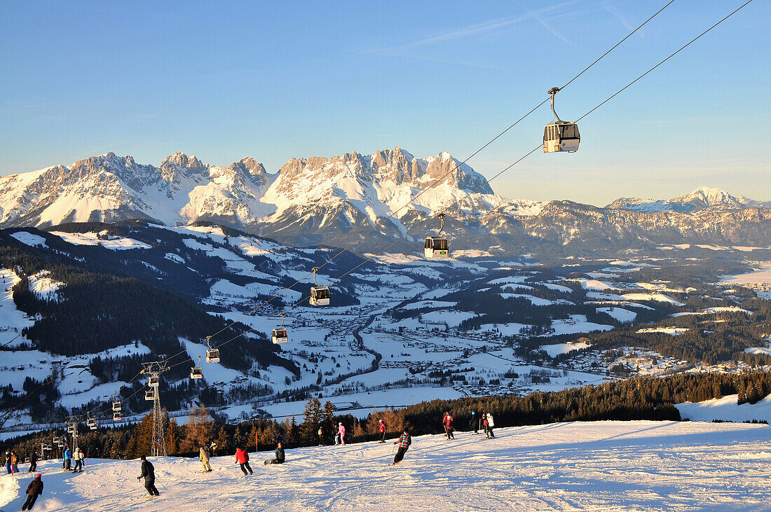 Fleck in the ski area Ehrenbachhoehe with Mount Wilder Kaiser, Winter in Tyrol, Austria, Europe