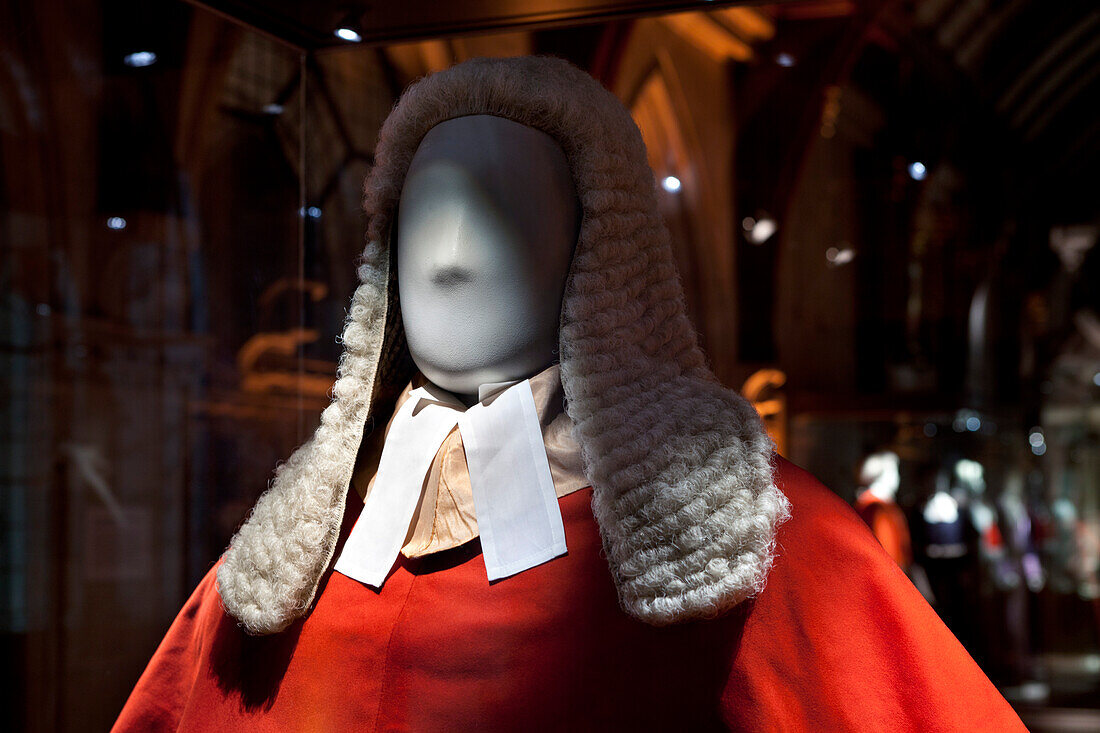 Close up of legal wigs, Museum of Legal Robes and Wigs, Royal Courts of Justice, London, England, Great Britain