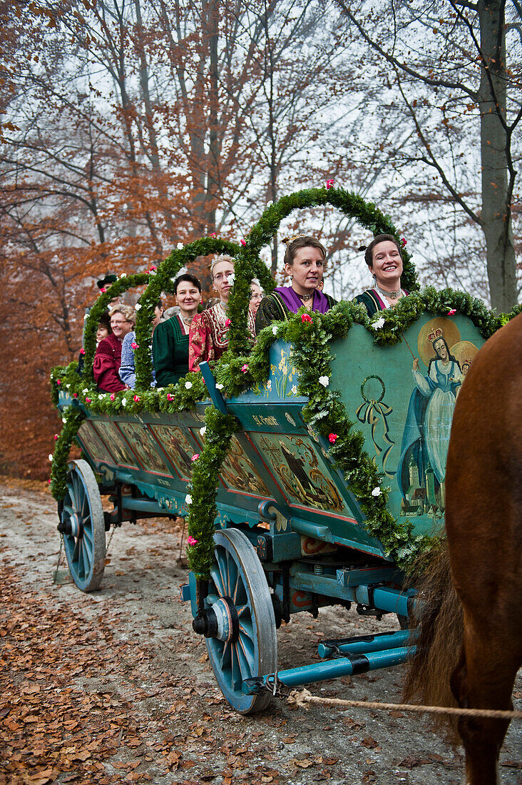 Women wearing traditional clothes during the Leonhardi procession, Bad Toelz, Upper Bavaria, Bavaria, Germany