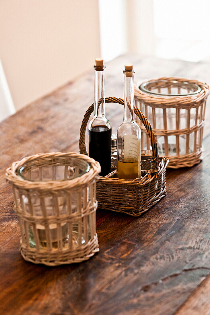 Table with olive oil and balsamic vinegar, House furnished in country style, Hamburg, Germany