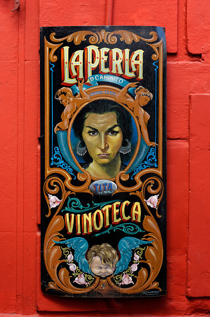 Italian La Perla Vinoteca sign in Caminito, La Boca, Buenos Aires, Argentina