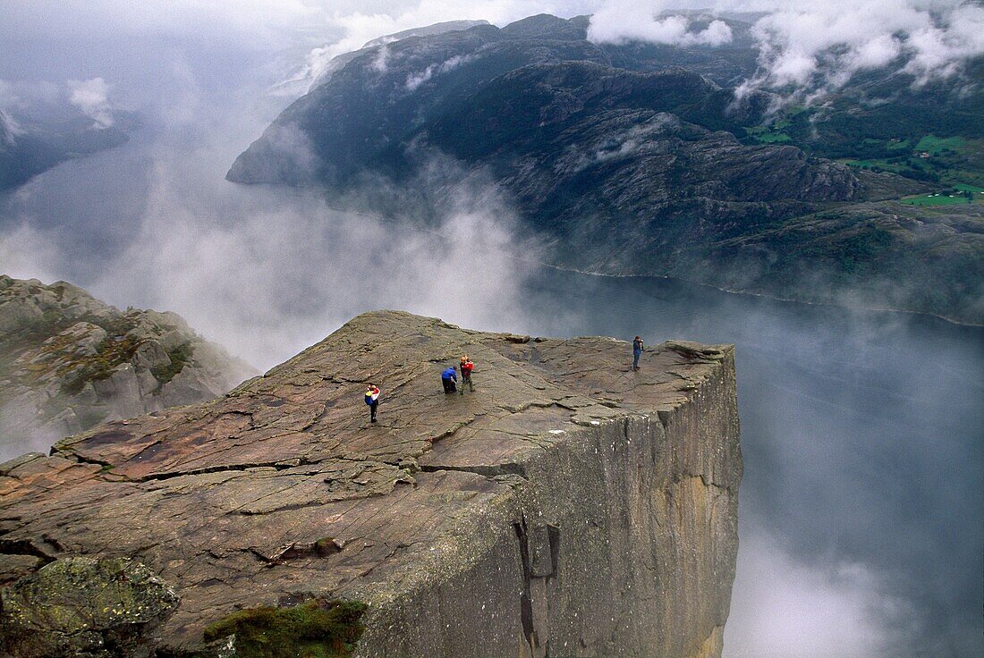 Preikestolen  Pulpit Rock  600 meters over LyseFjord  Lyse Fjord, in Ryfylke district  Rogaland Region  It is the most popular hike in Stavanger area  Norway