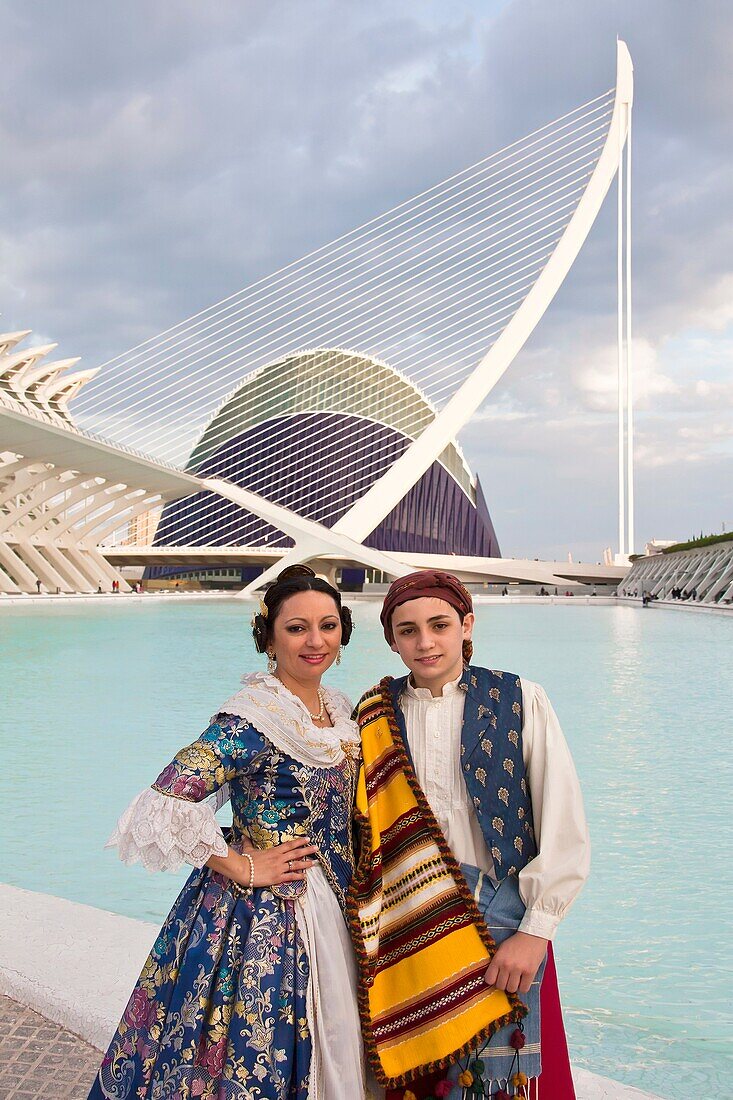 Spain-Valencia Comunity-Valencia City-The City of Arts and Science built by Calatrava-Couple in traditional outfit