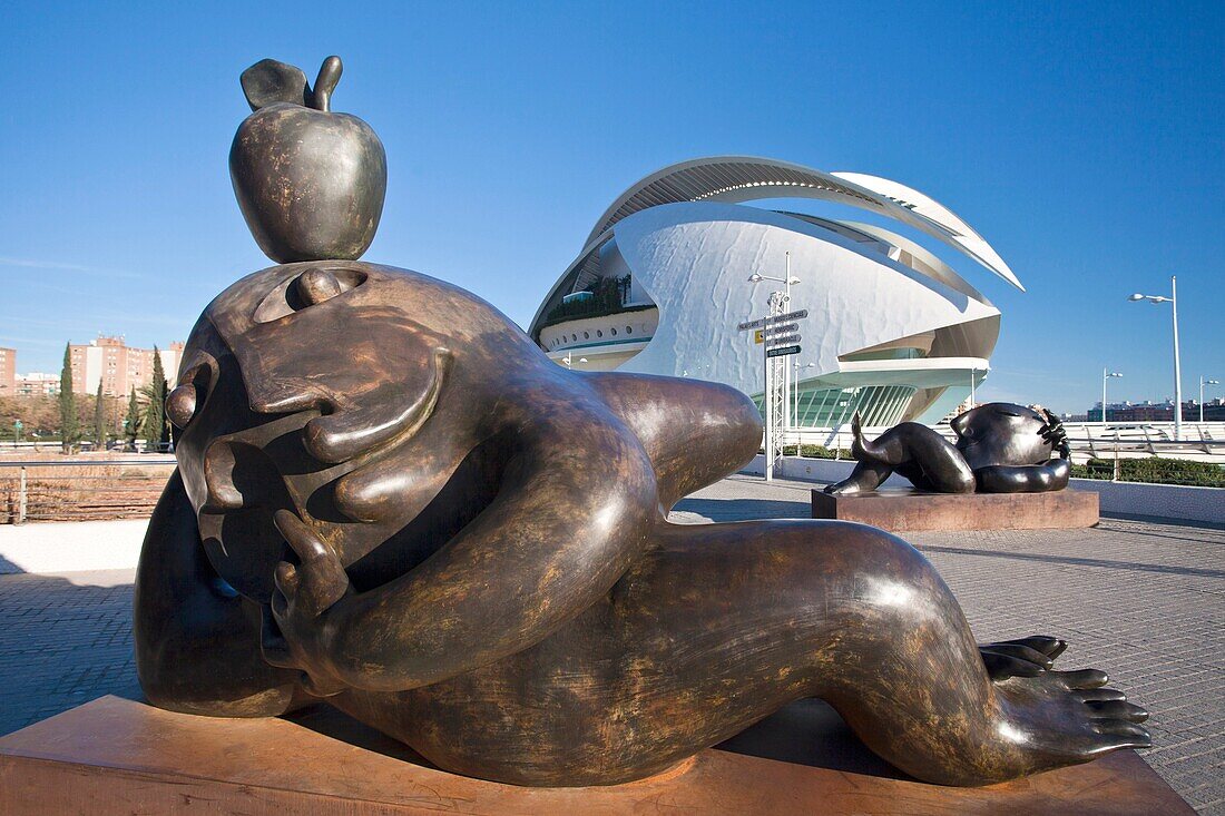 Spain-Valencia Comunity-Valencia City-The City of Arts and Science built by Calatrava-Joan Ripolles sculpture and the Palace of Arts