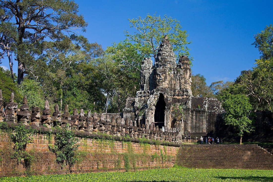 Cambodia-No  2009 Siem Reap City Angkor Temples Angkor Thom Temple South Gate Stone Guardians.
