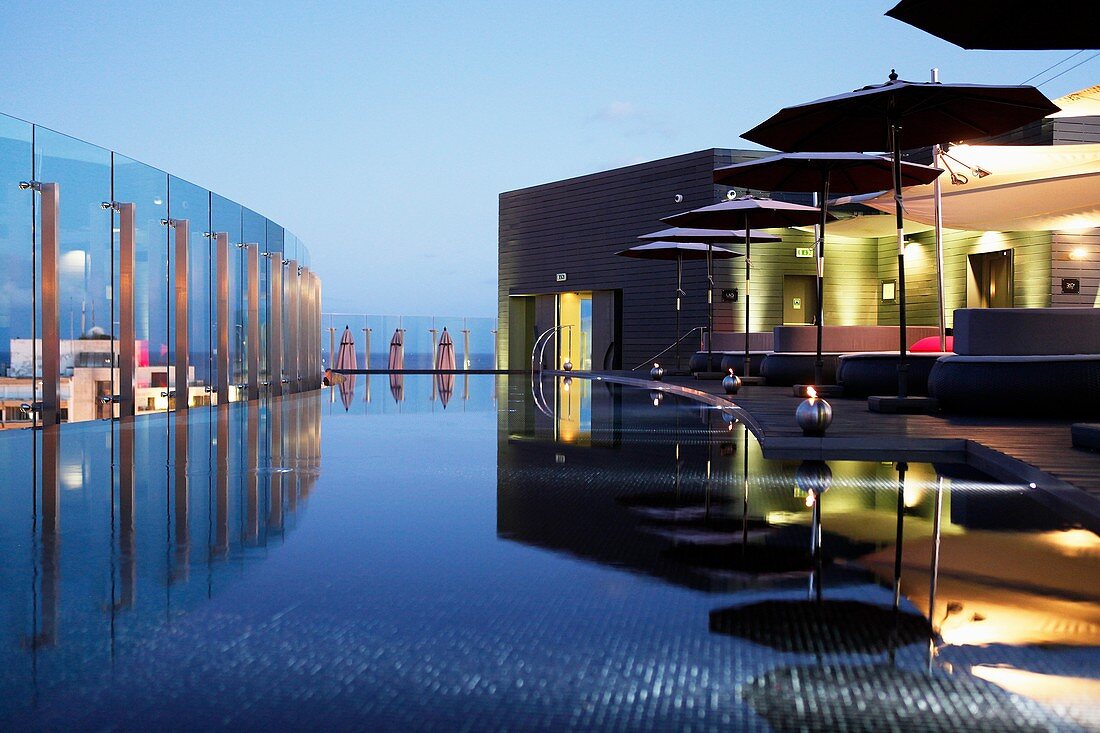 Portugal, Madeira, Funchal, Hotel design The Vine, architect Ricardo Boffil from Spainl, designer Nini Andrade from New York and Madeira, opened in 2010, the roof terrace and swimming pool