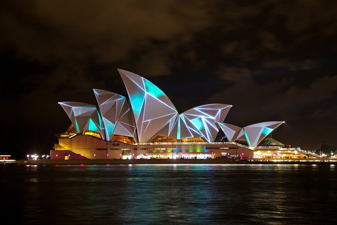 Australia, New South Wales, Sydney Opera House, Lighting of the sails during the Vivid Live 2011 Festival with lighting effects by the French Collective Superbien