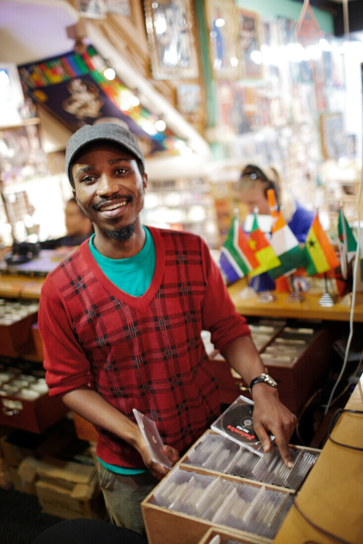 Lelethu at The African Music Store record shop, Long Street, City Centre, Cape Town, South Africa, Africa