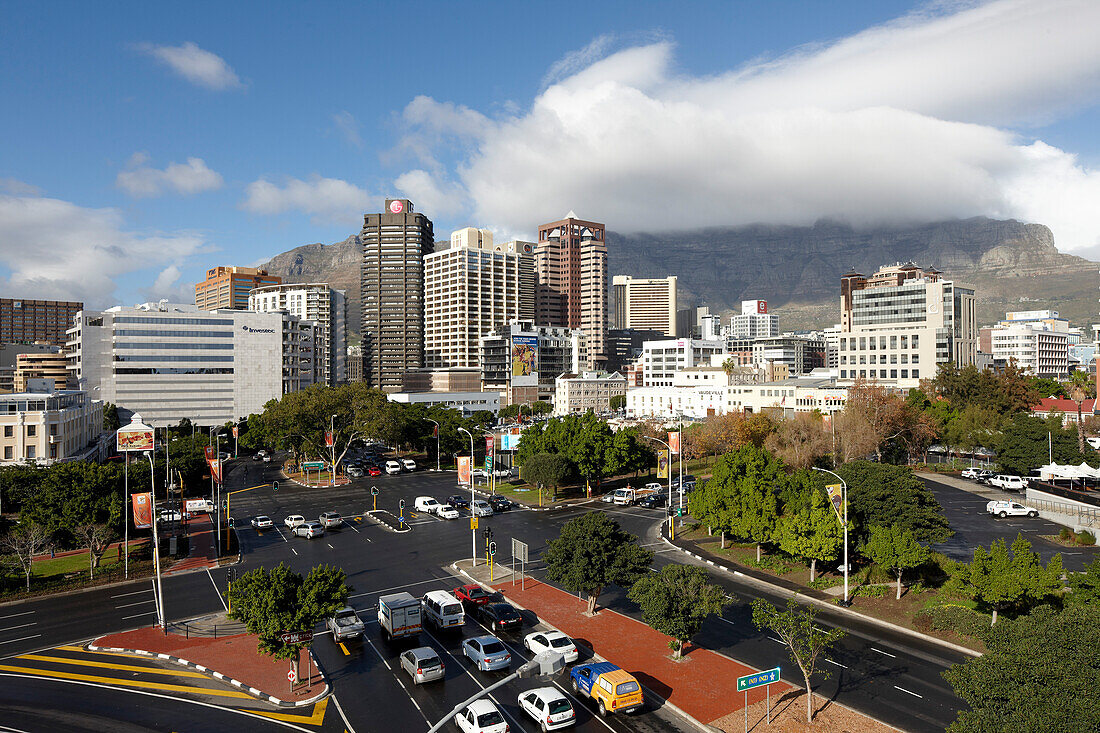 Crossing and skyscrapers in Central, Kloof Nek Road, below Signal Hill, Gardens, Cape Town, South Africa, Africa