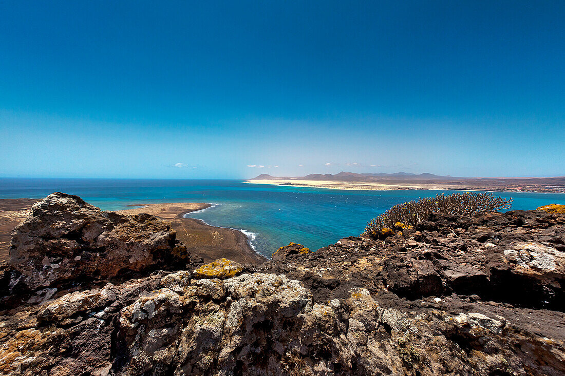 View from the crater Montana de Caldera to Fuerteventura, Lobos Island, Fuerteventura, Canary Islands, Spain