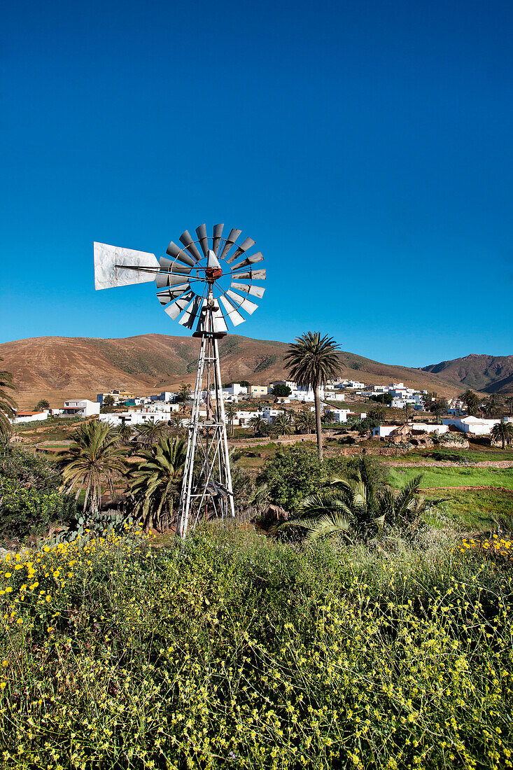 Wind wheel in mountain village Toto, Fuerteventura, Canary Islands, Spain