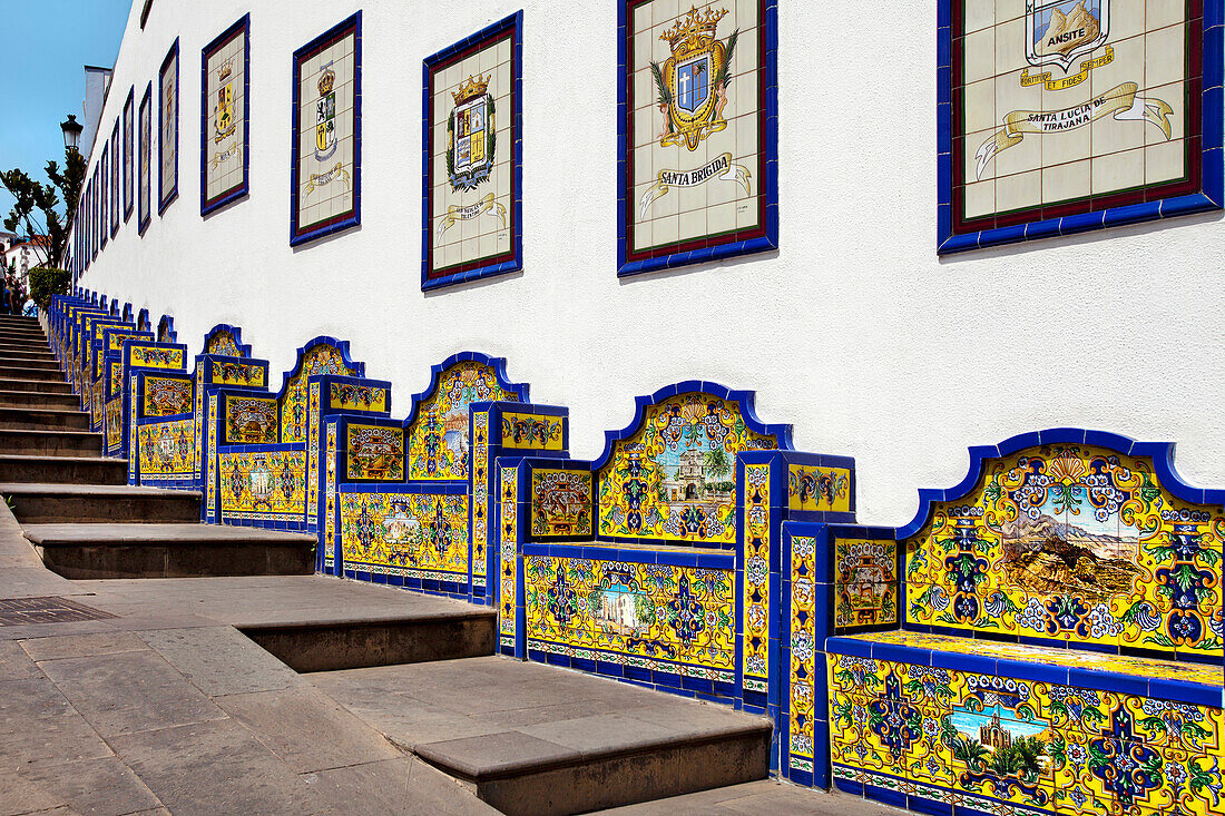 Ceramic benches by the water stairs, Firgas, Gran Canaria, Canary Islands, Spain