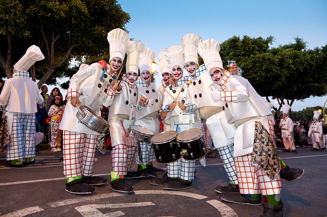 Disguised people at carnival procession, Arrecife, Lanzarote, Canary Islands, Spain, Europe