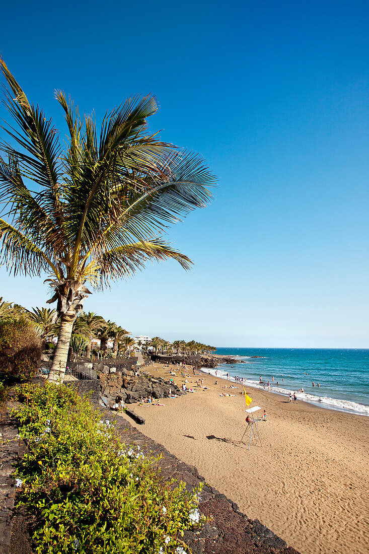 Beach Playa Blanca in the sunlight, Puerto del Carmen, Lanzarote, Canary Islands, Spain, Europe