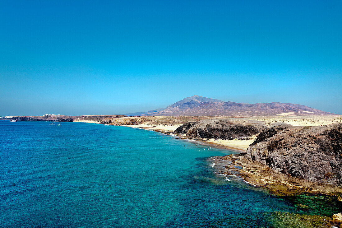 Blick auf den Strand Playa del Pozo, Papagayo Strände, Lanzarote, Kanarische Inseln, Spanien, Europa