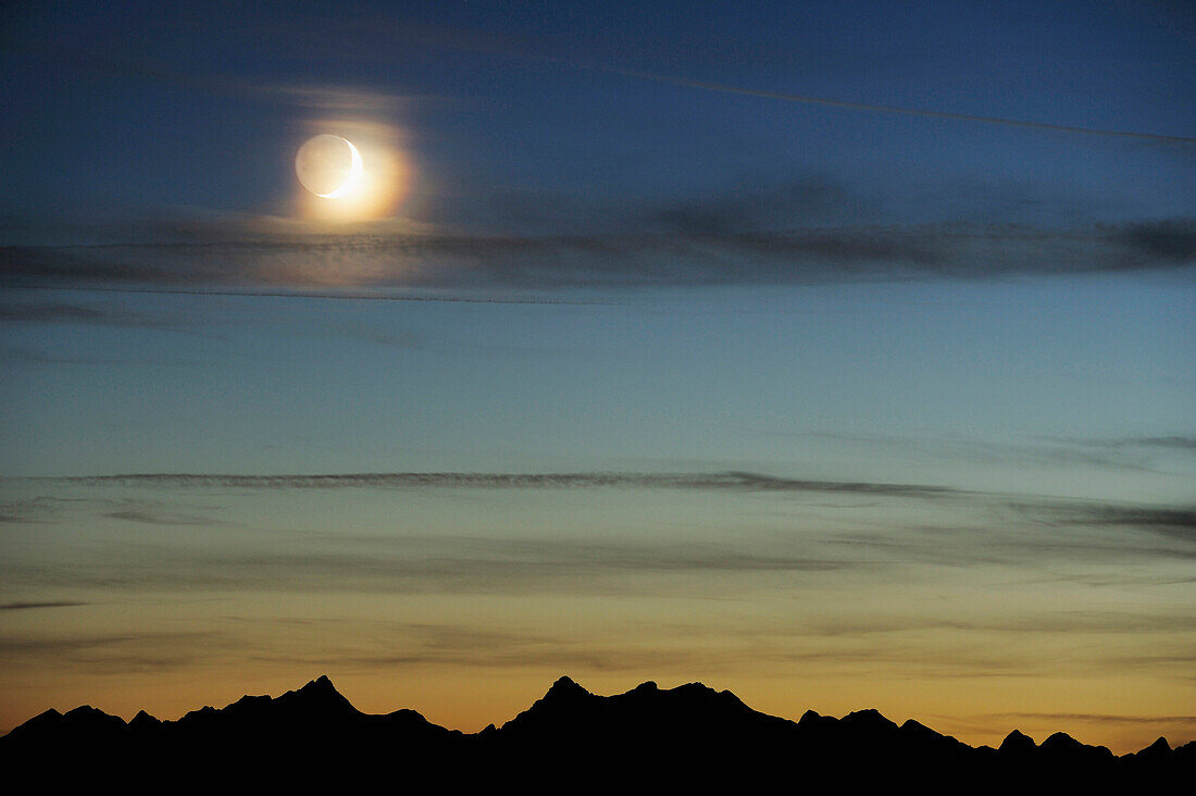Moonrise above the Karwendel range, Risserkogel, Bavarian Foothills, Upper Bavaria, Bavaria, Germany