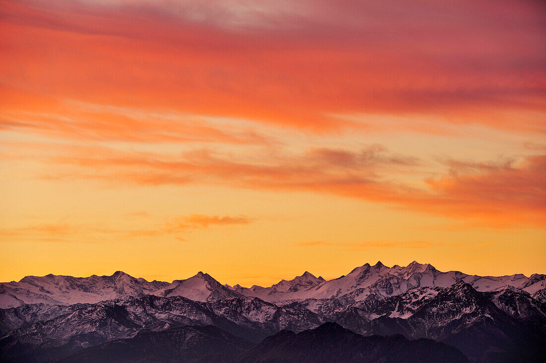 Gabler and Reichenspitze in front of the morning sky, Risserkogel, Bavarian Foothills, Upper Bavaria, Bavaria, Germany