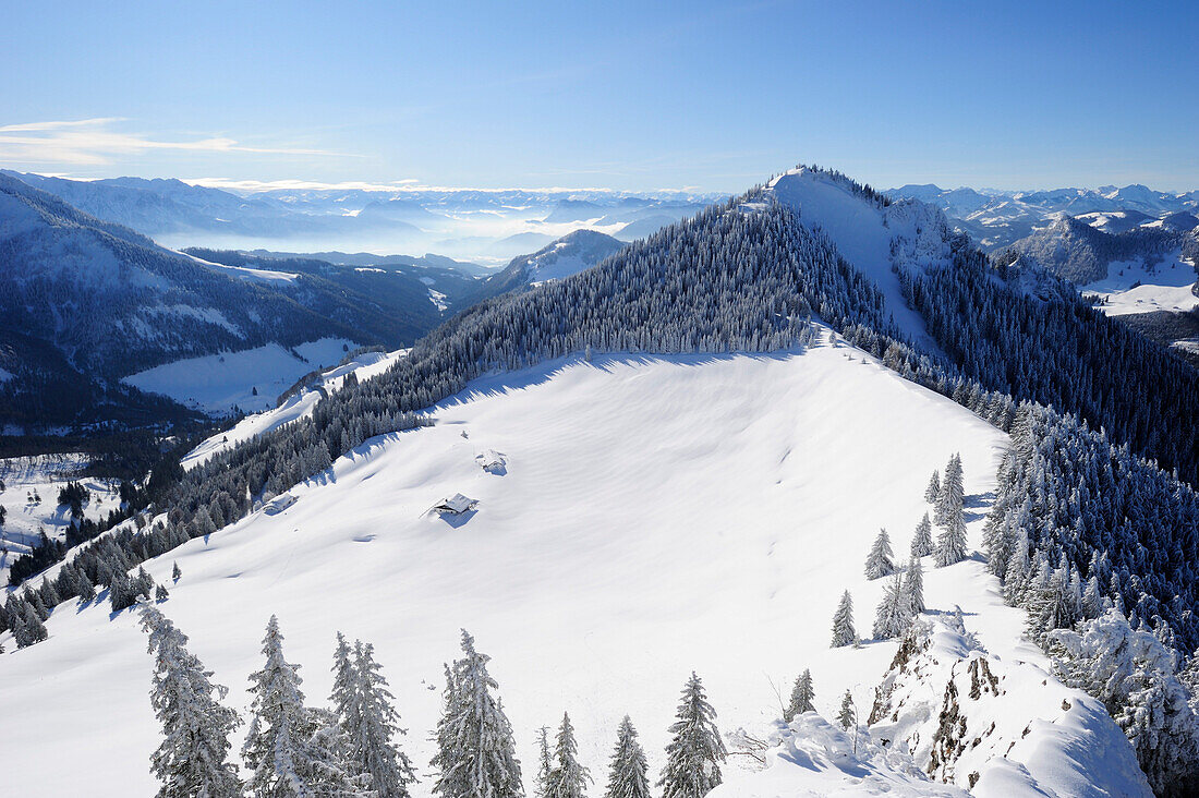 View to the Inn valley and summit of Feichteck, Hochries, Chiemgau range, Chiemgau, Upper Bavaria, Bavaria, Germany