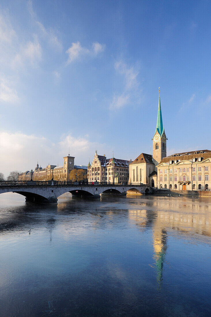 Church Frauenmuenster with river Limmat in foreground, Zurich, Switzerland