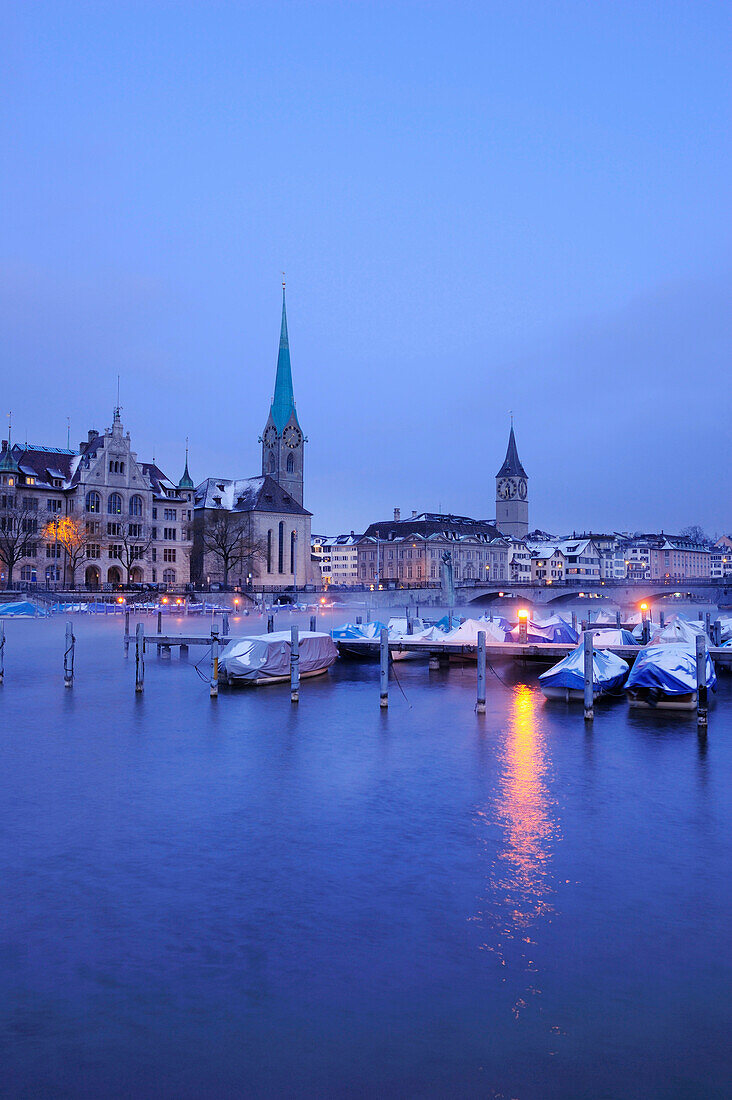 Churches Frauenmuenster and St. Peter with river Limmat in foreground, Zurich, Switzerland