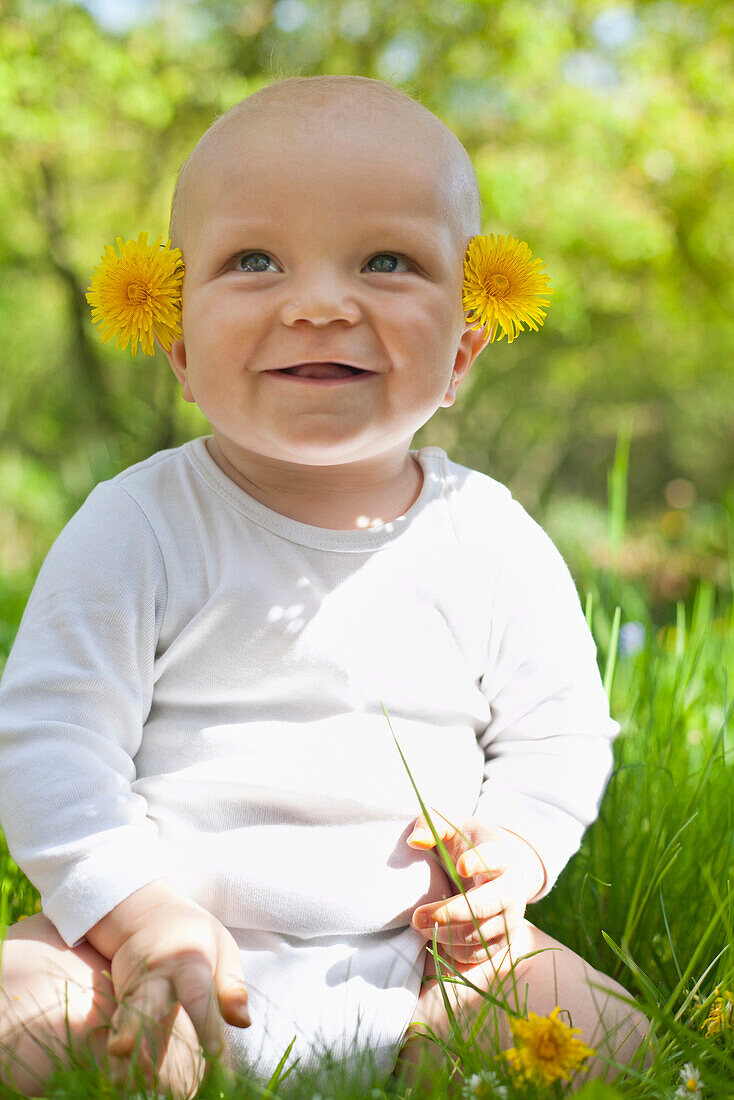 Kleiner Junge sitzt im Gras und lacht, Löwenzahn hinter den Ohren, Blumenwiese in Frühling, Monate alt, MR, Bad Oeynhausen, Nordrhein-Westfalen, Deutschland