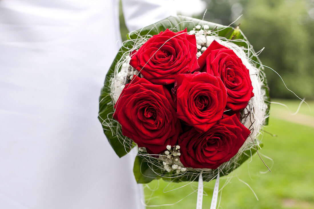 Strauß rote Rosen, weißes Hochzeitskleid, Park, Blumen, Hochzeit, Ehe, Leipzig, Sachsen, Deutschland