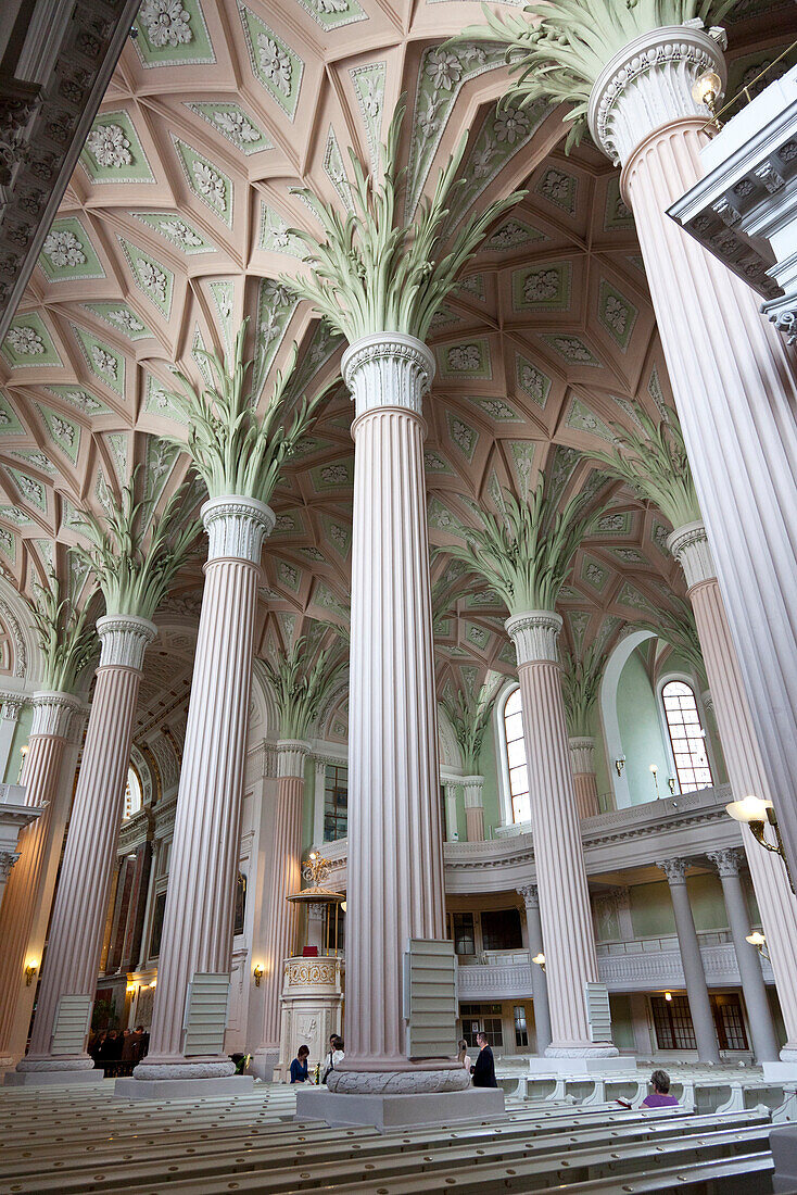 View of the columns and ceiling of the Nikolaikirche from below, church St. Nicolai, columns, pillars, inside, peaceful revolution, pease prayers, Leipzig, Saxony, Germany