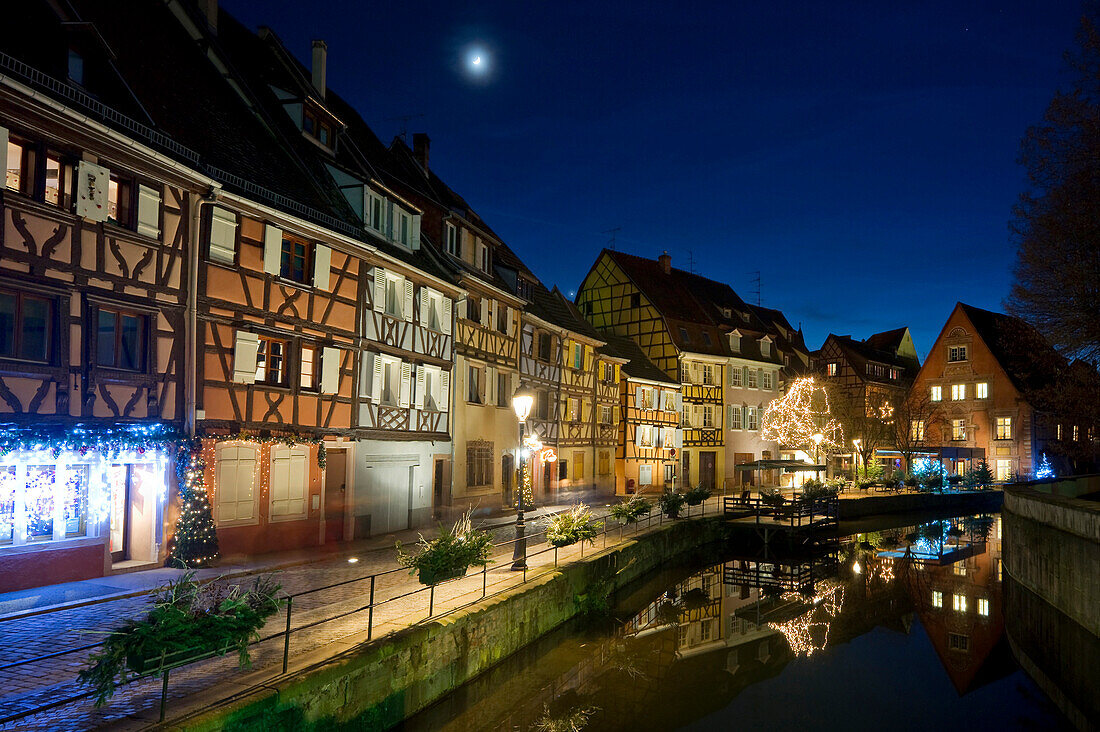 Historic quarter in winter, Reflection in the river, Colmar, Alsace, France