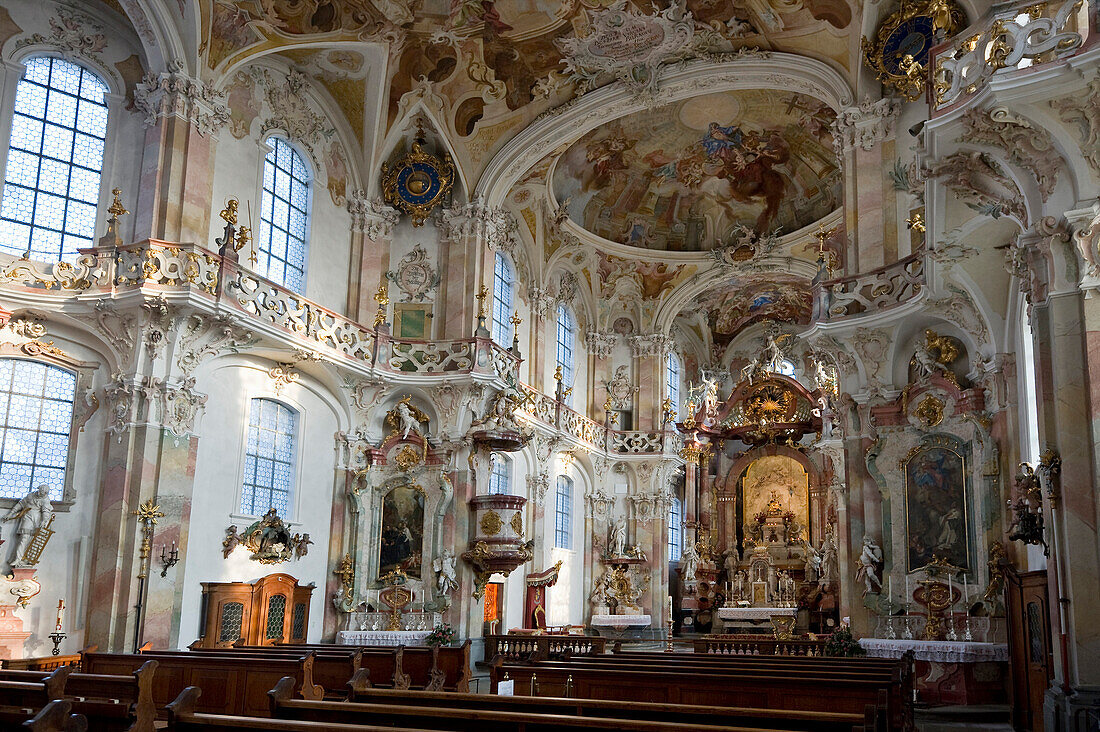 Innenansicht von Klosterkirche Birnau, nahe Überlingen, Bodensee, Baden-Württemberg, Deutschland