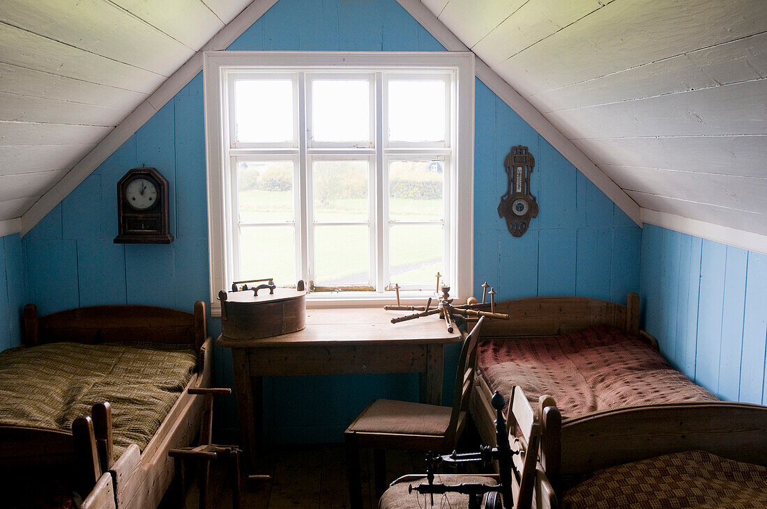 Bedroom in a traditional house, Skogar, Iceland, Scandinavia, Europe