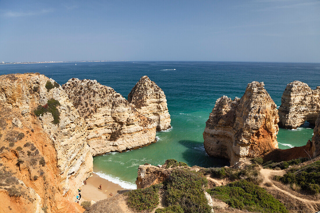 High angle view of beach in a bay near Lagos, Atlantic Coast, Algarve, Portugal, Europe