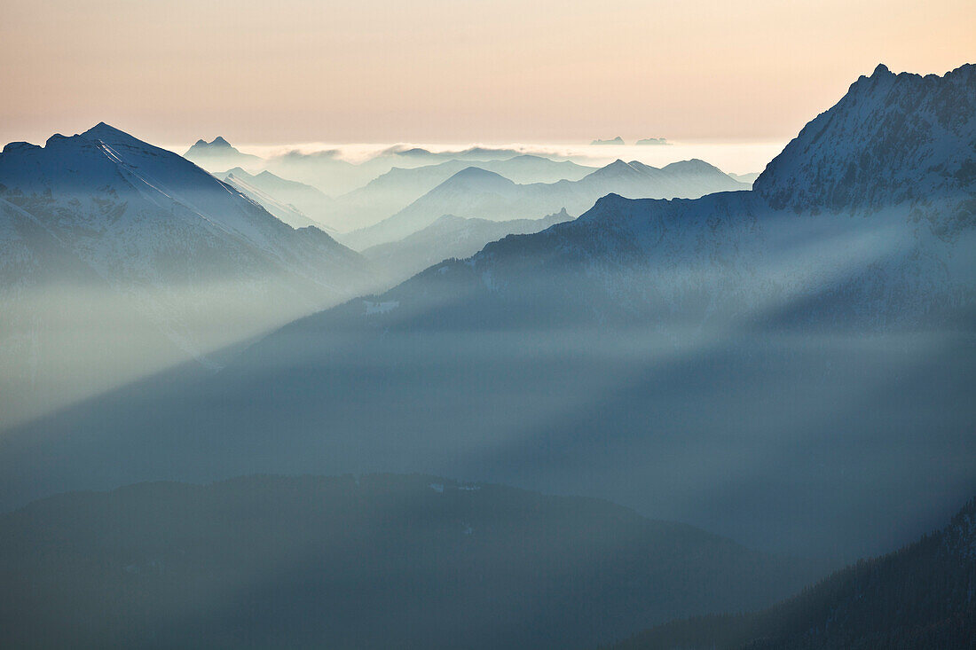 Bavarian foothills seen from the Alpspitze, Werdenfelser Alps, Bavaria, Germany