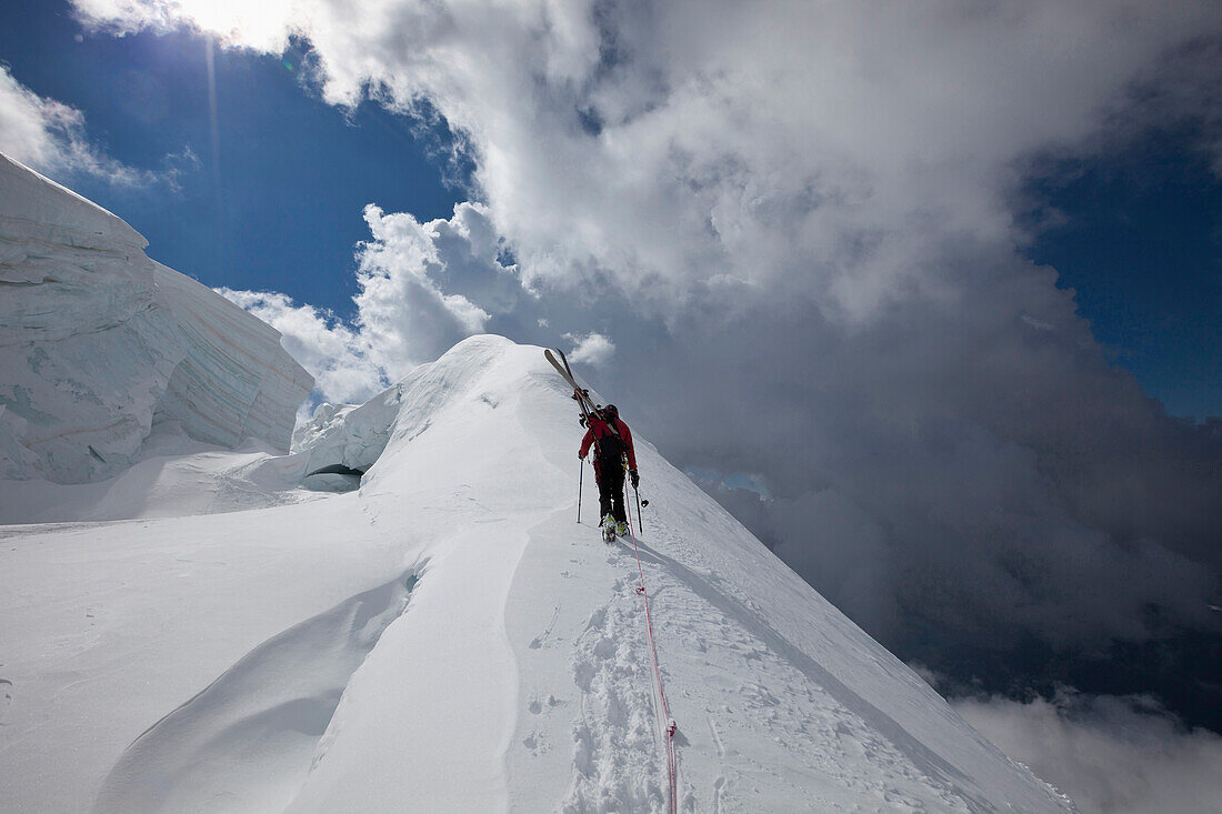 Ski mountaineer near crevasses, Chamonix-Mont-Blanc, France