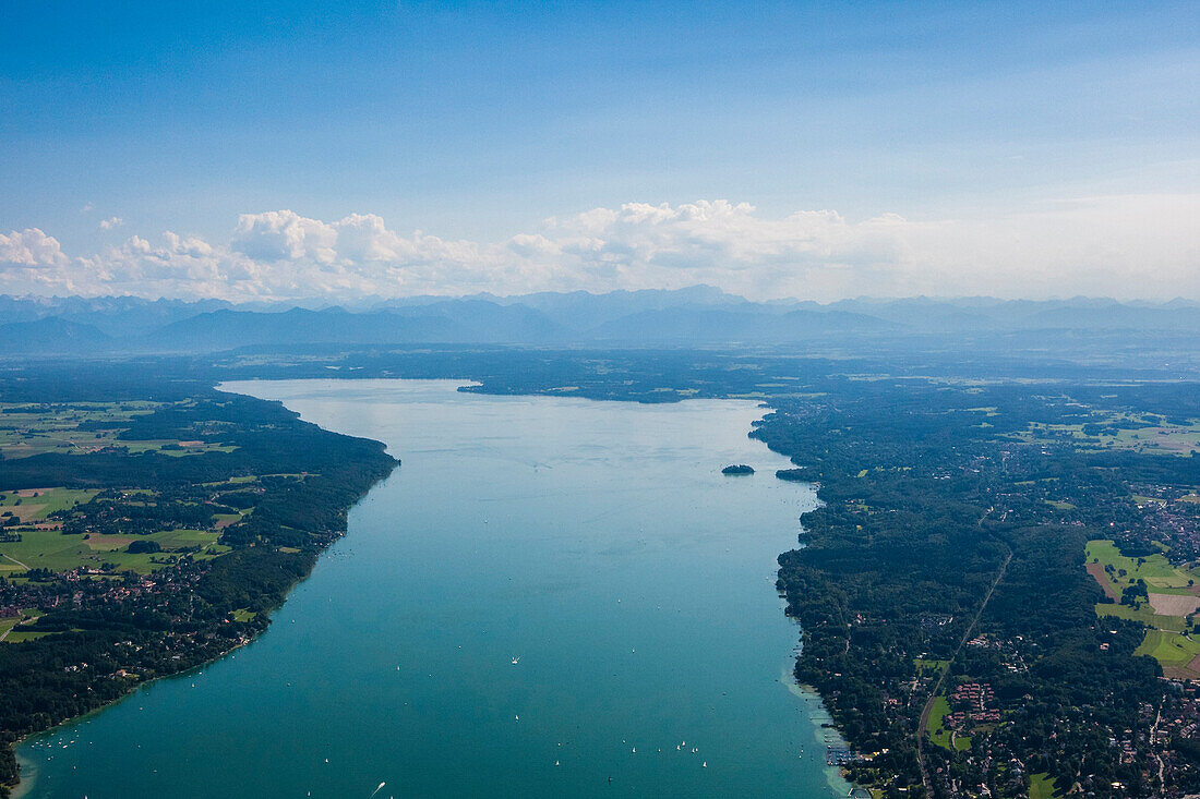 Aerial view of lake Starnberg and the Alps, Upper Bavaria, Germany, Europe