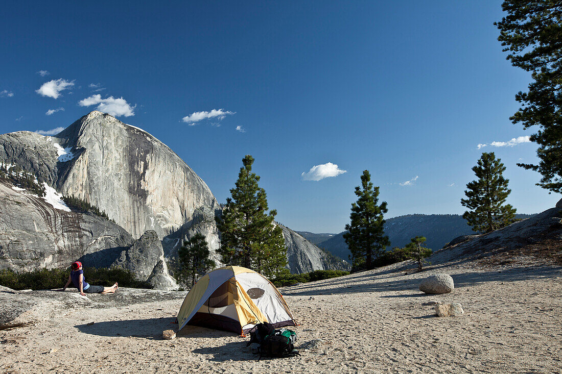 Half Dome mountain and tent in the sunlight, Yosemite National Park, California, USA, America