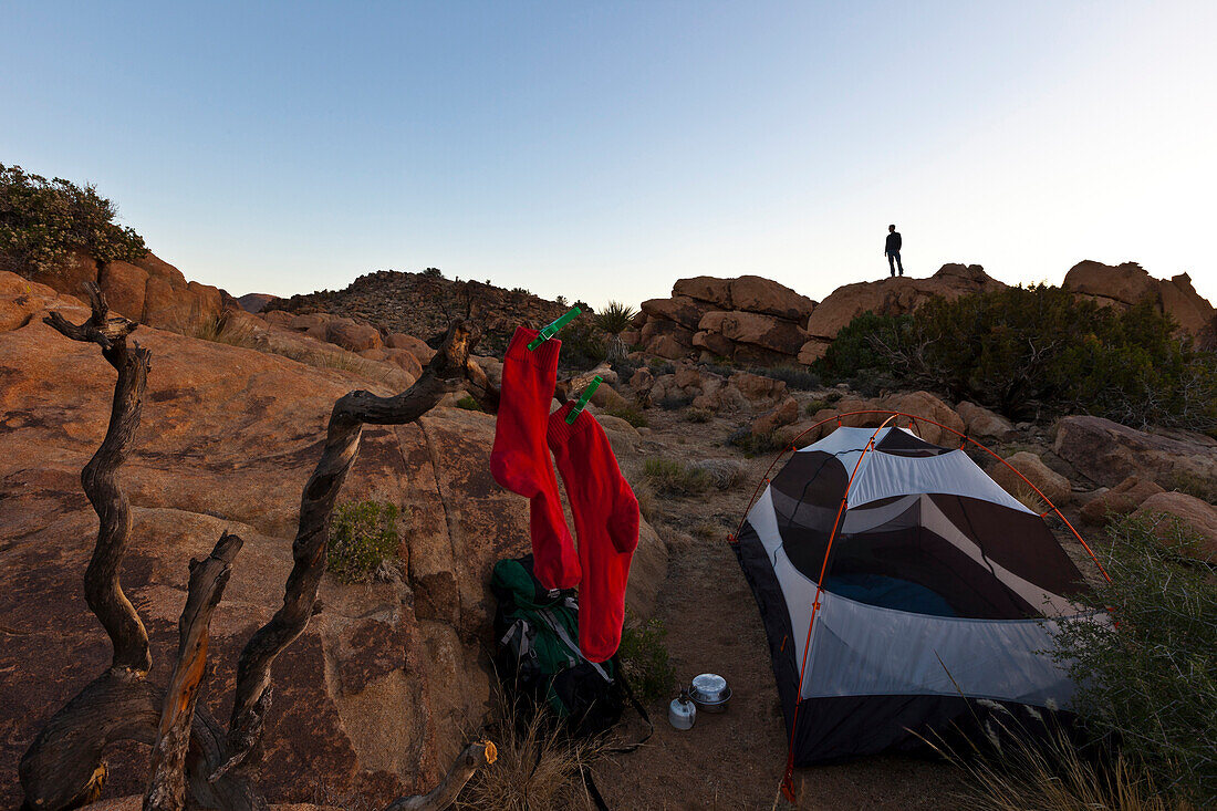 Zelt und Socken im Joshua Tree Nationalpark in der Abenddämmerung, Riverside County, Kalifornien, USA, Amerika