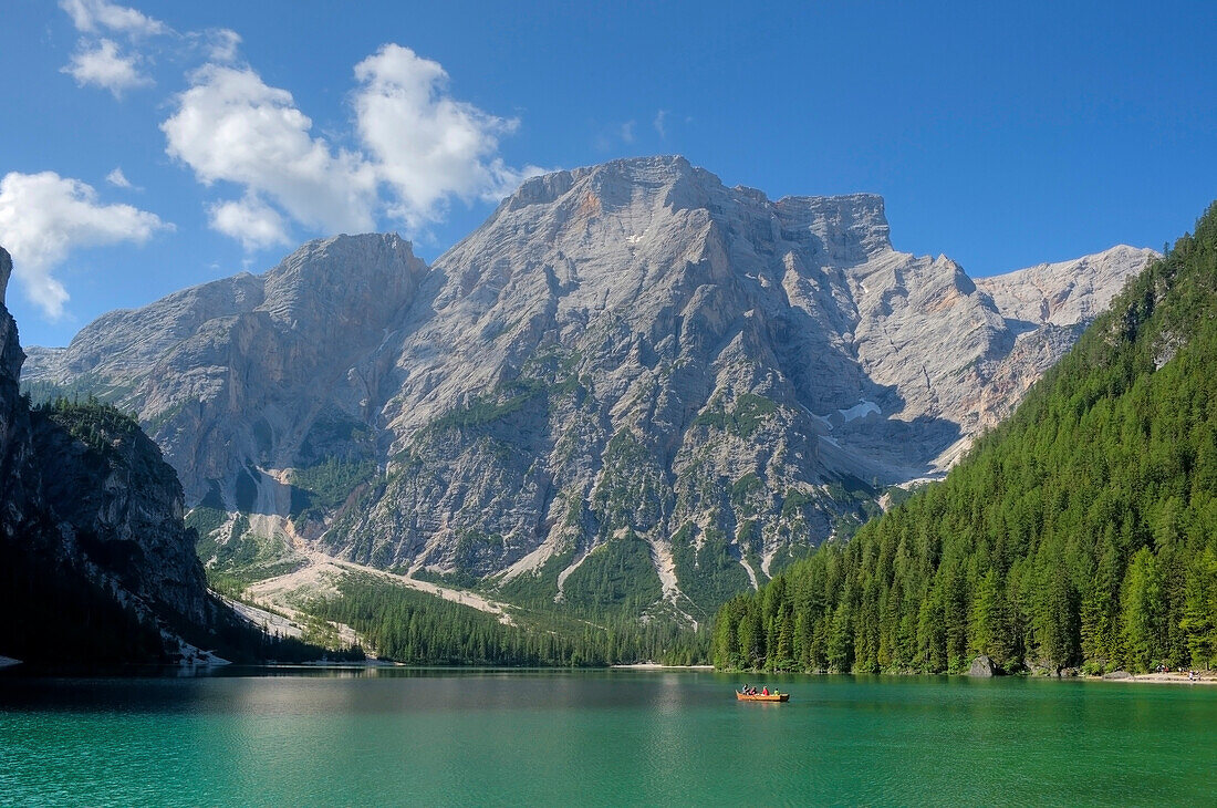 Lake Pragser Wildsee in the sunlight, Dolomites, South Tyrol, Italy, Europe