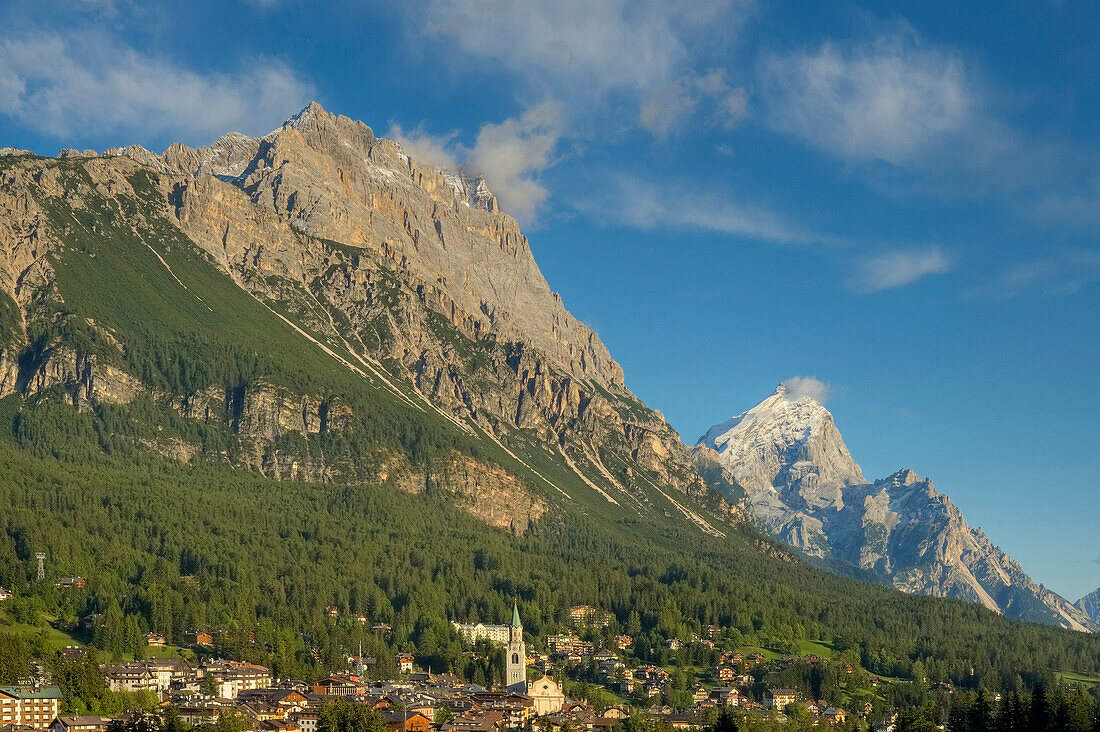 View on Cortina d'Ampezzo with Sorapis and Antelao in the evening light, Belluno, Italy, Europe