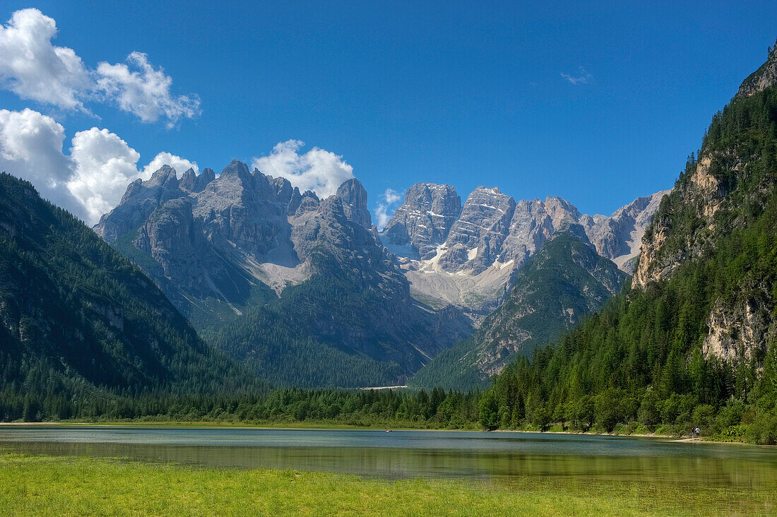 View of lake Dürrensee with Monte Cristallo, Dolomites, South Tyrol, Italy, Europe